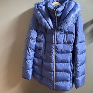 Blue Puffer Jacket with Faux Fur Trim